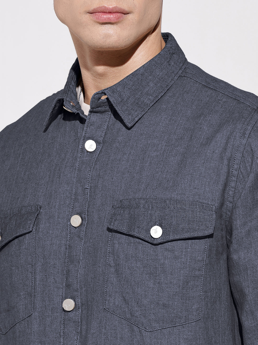 Men's Navy Blue Denim Button Down Shirt with Chest Pocket