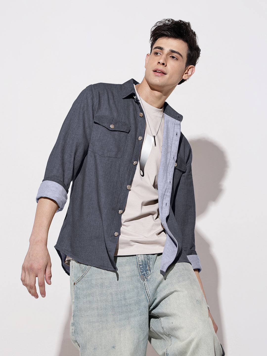 Men's Navy Blue Denim Button Down Shirt with Chest Pocket