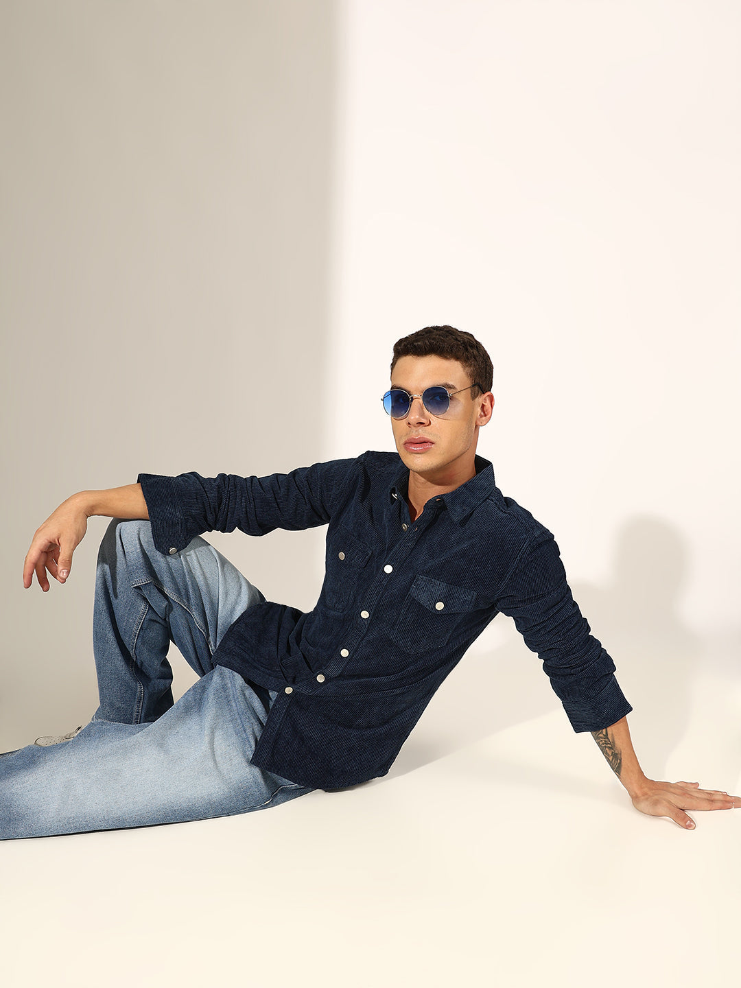 Men's Navy Blue Corduroy Button Down Shirt with Chest Pockets