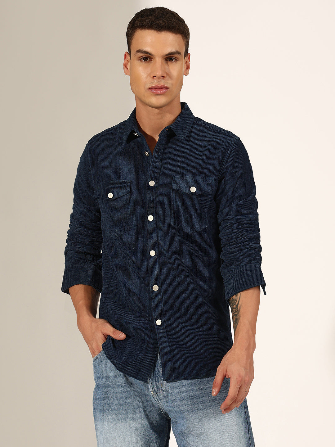 Men's Navy Blue Corduroy Button Down Shirt with Chest Pockets
