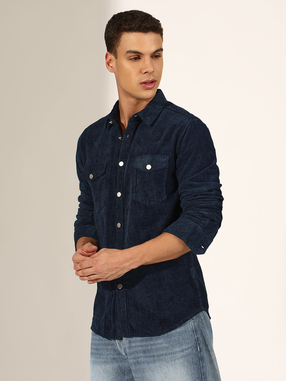 Men's Navy Blue Corduroy Button Down Shirt with Chest Pockets