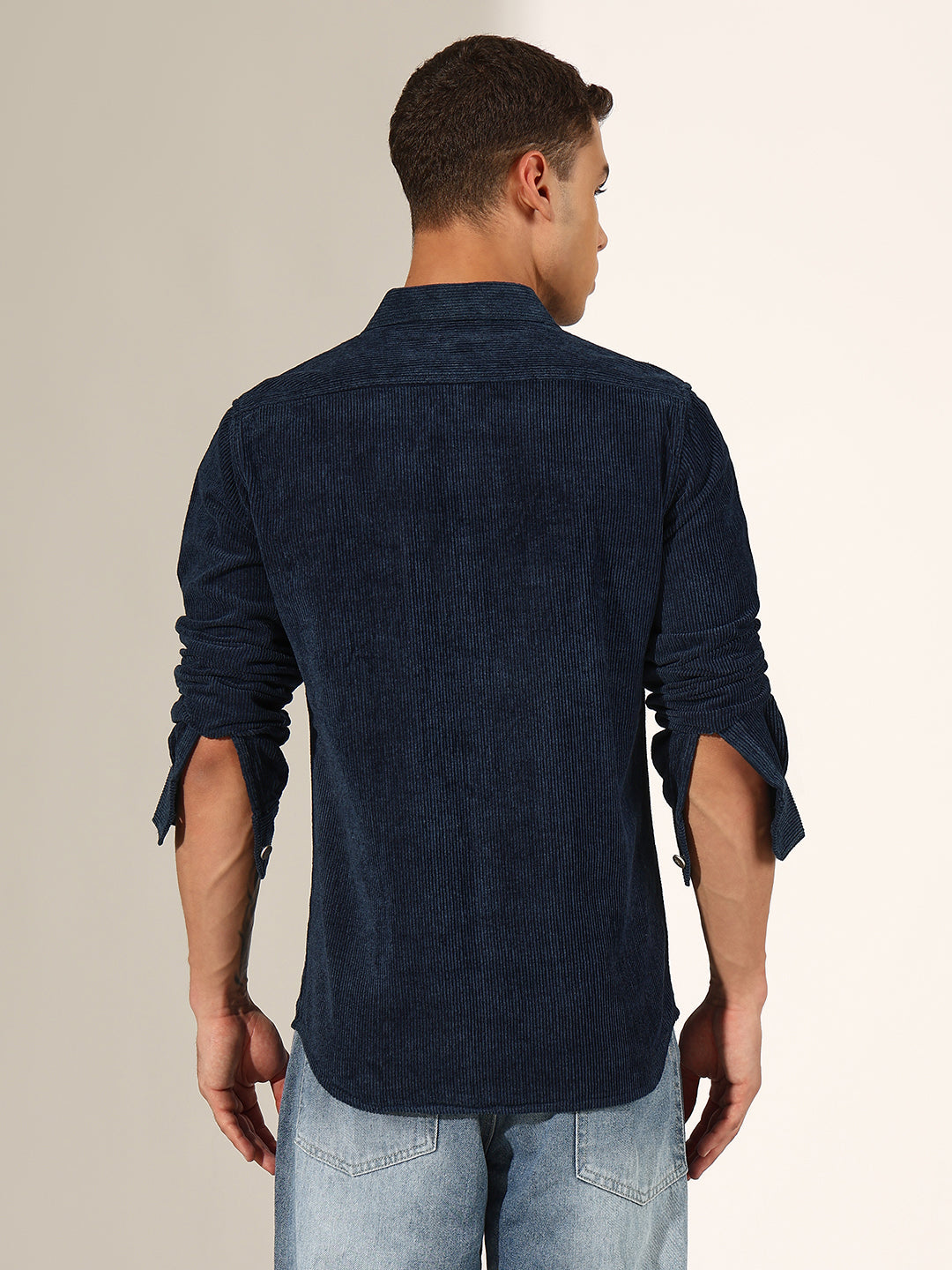 Men's Navy Blue Corduroy Button Down Shirt with Chest Pockets