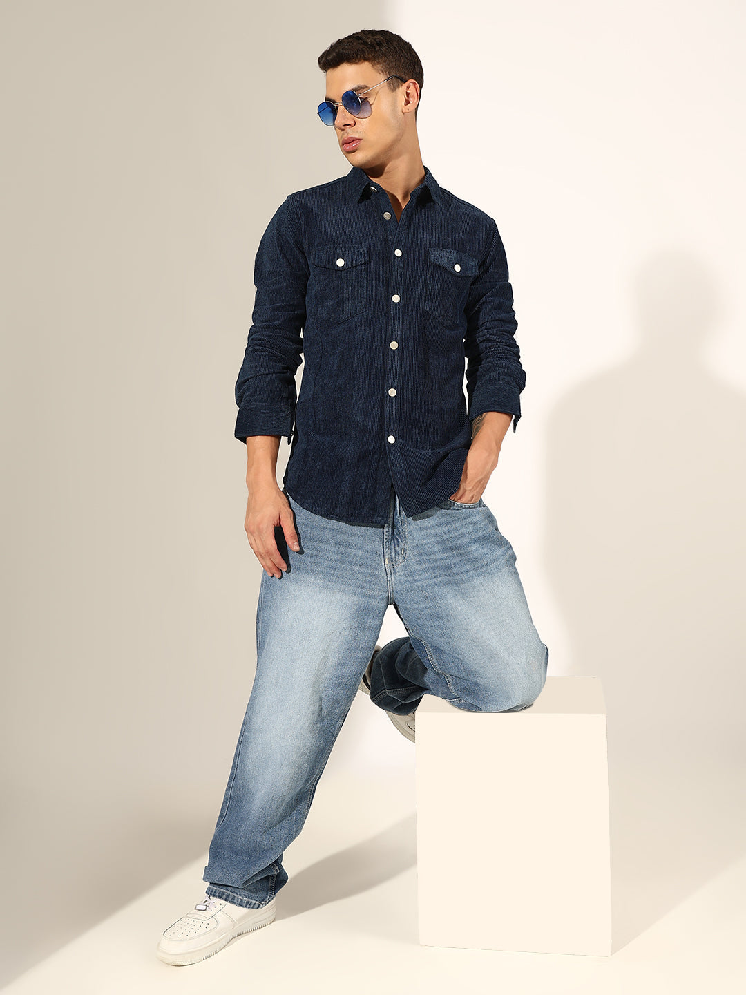 Men's Navy Blue Corduroy Button Down Shirt with Chest Pockets