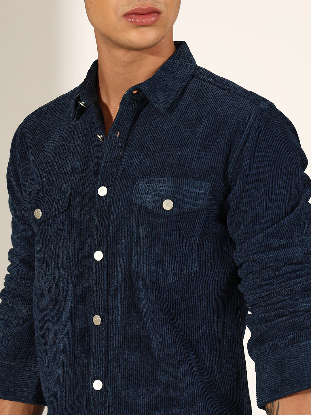 Men's Navy Blue Corduroy Button Down Shirt with Chest Pockets
