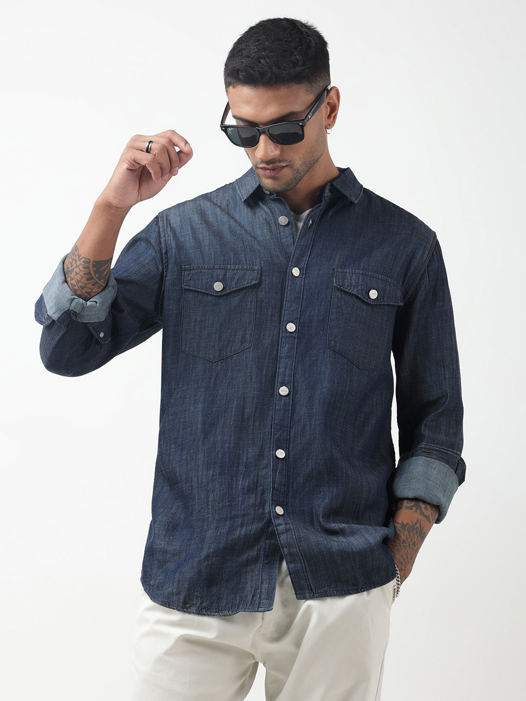 Men's Denim Navy Blue Button-Down Shirt