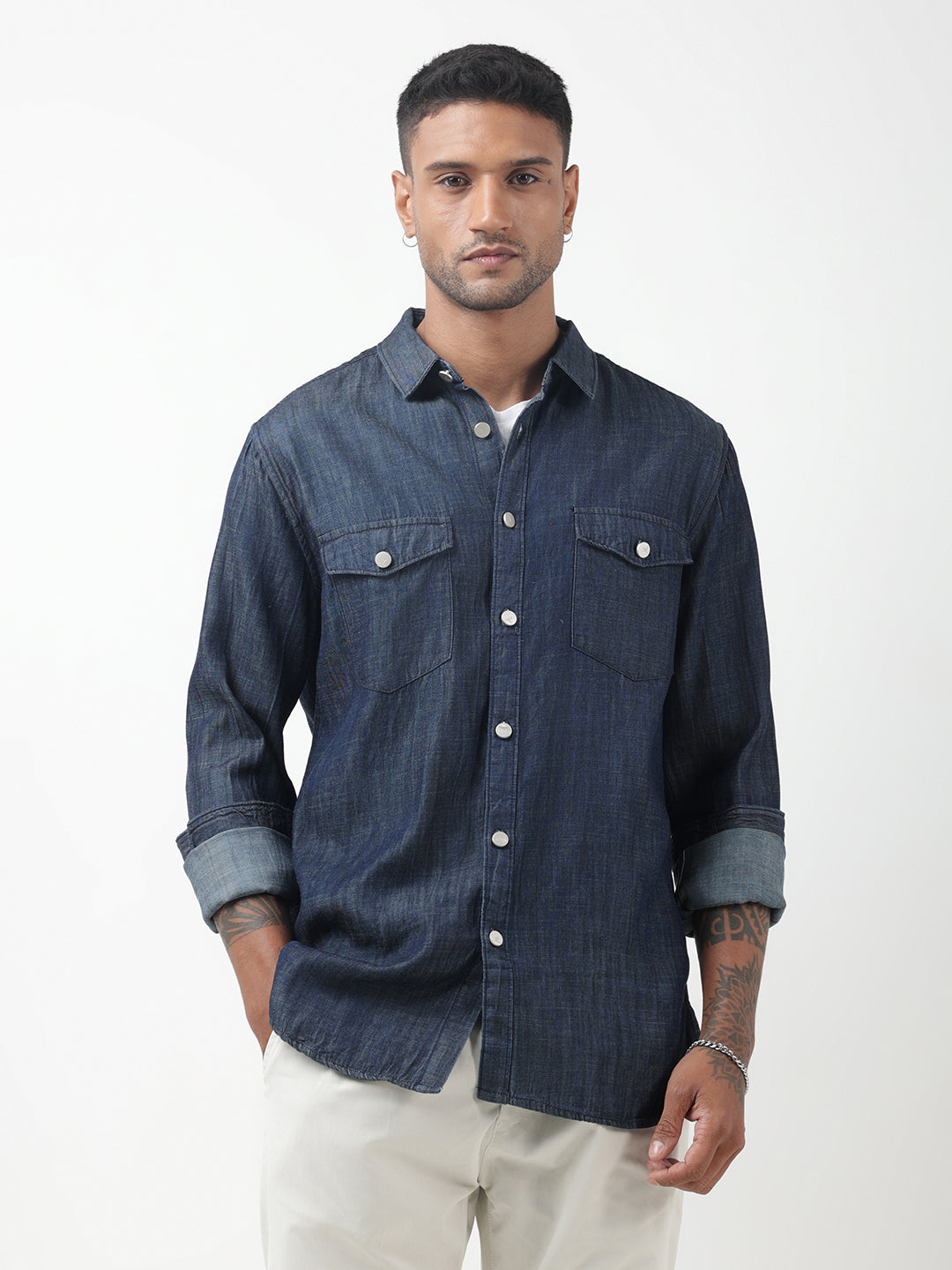 Men's Denim Navy Blue Button-Down Shirt