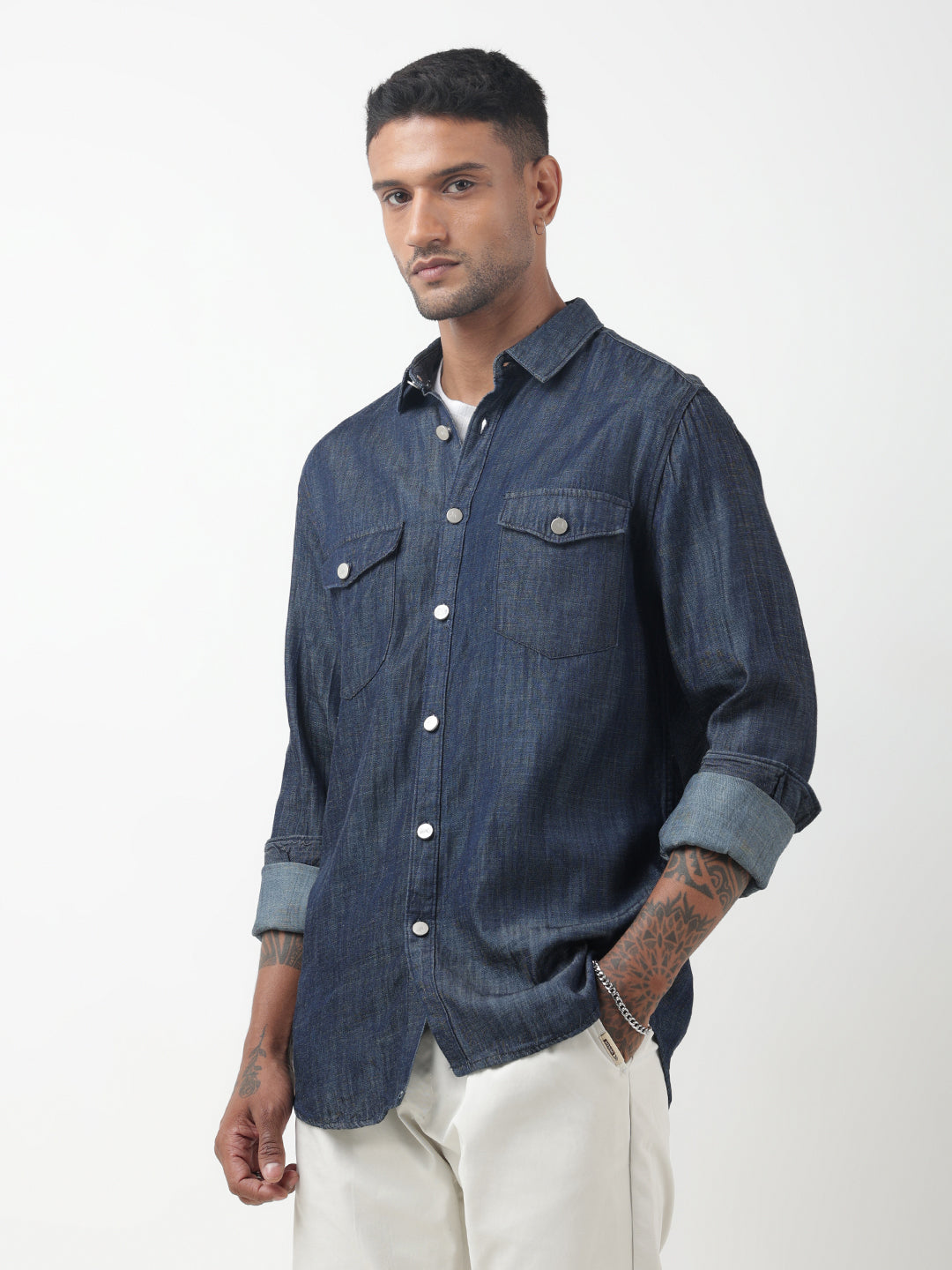 Men's Denim Navy Blue Button-Down Shirt
