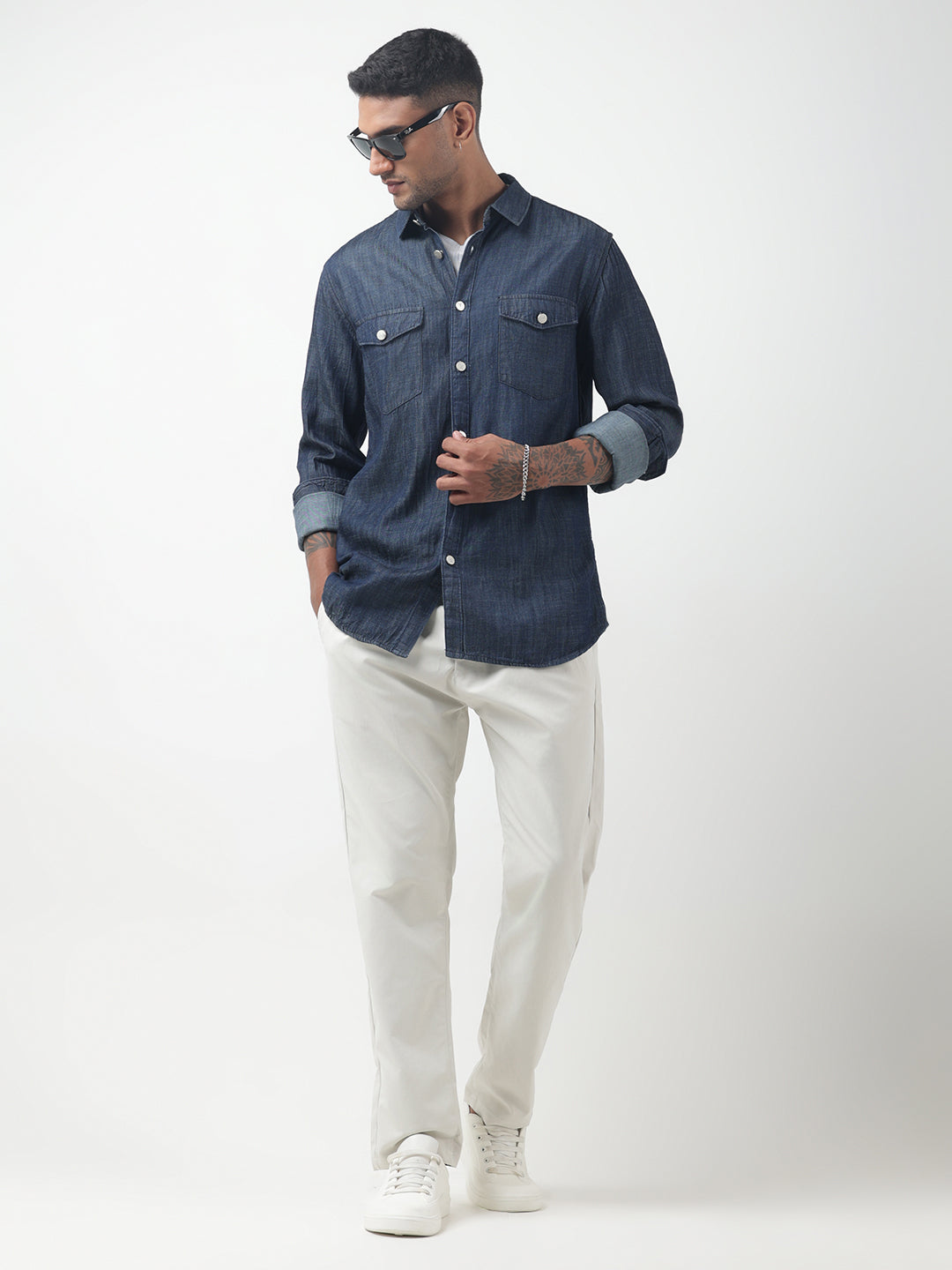 Men's Denim Navy Blue Button-Down Shirt