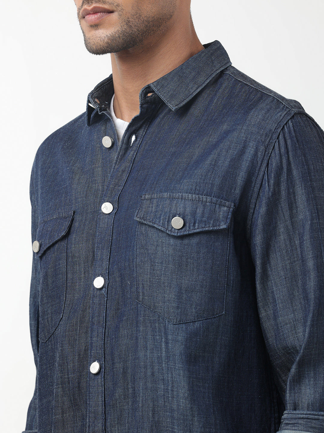 Men's Denim Navy Blue Button-Down Shirt