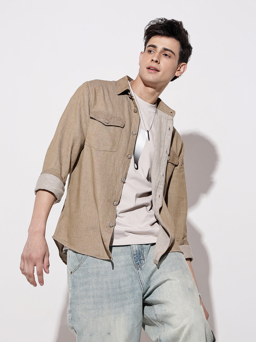 Men's Brown Denim Button Down Shirt with Chest Pocket