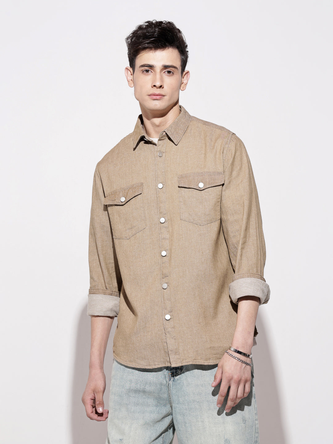 Men's Brown Denim Button Down Shirt with Chest Pocket