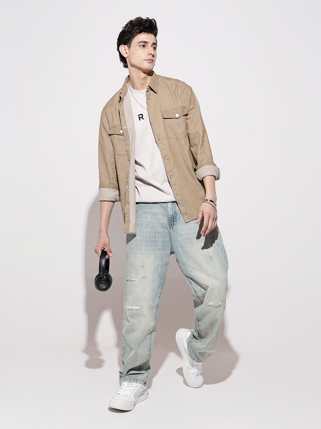 Men's Brown Denim Button Down Shirt with Chest Pocket