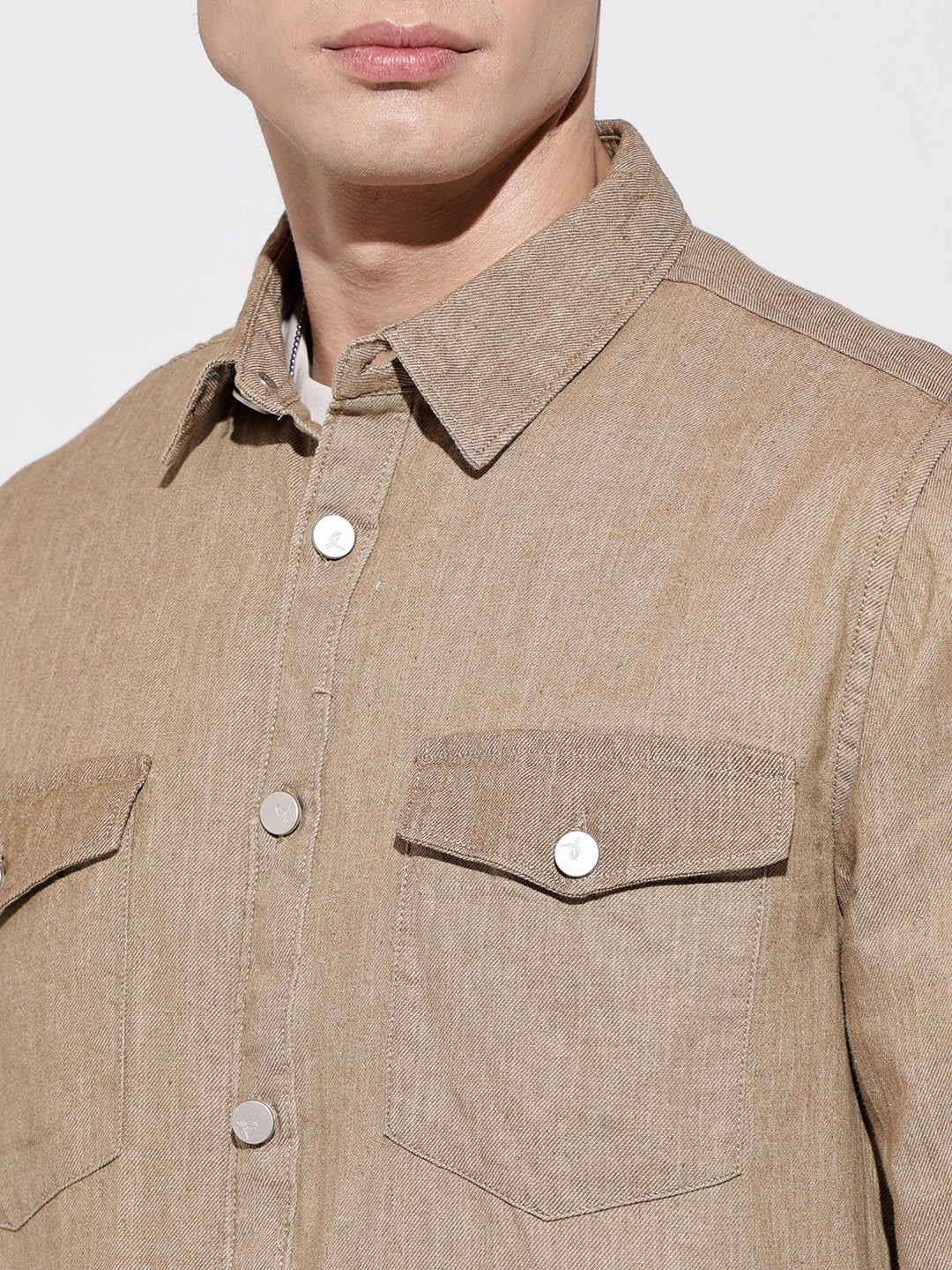 Men's Brown Denim Button Down Shirt with Chest Pocket