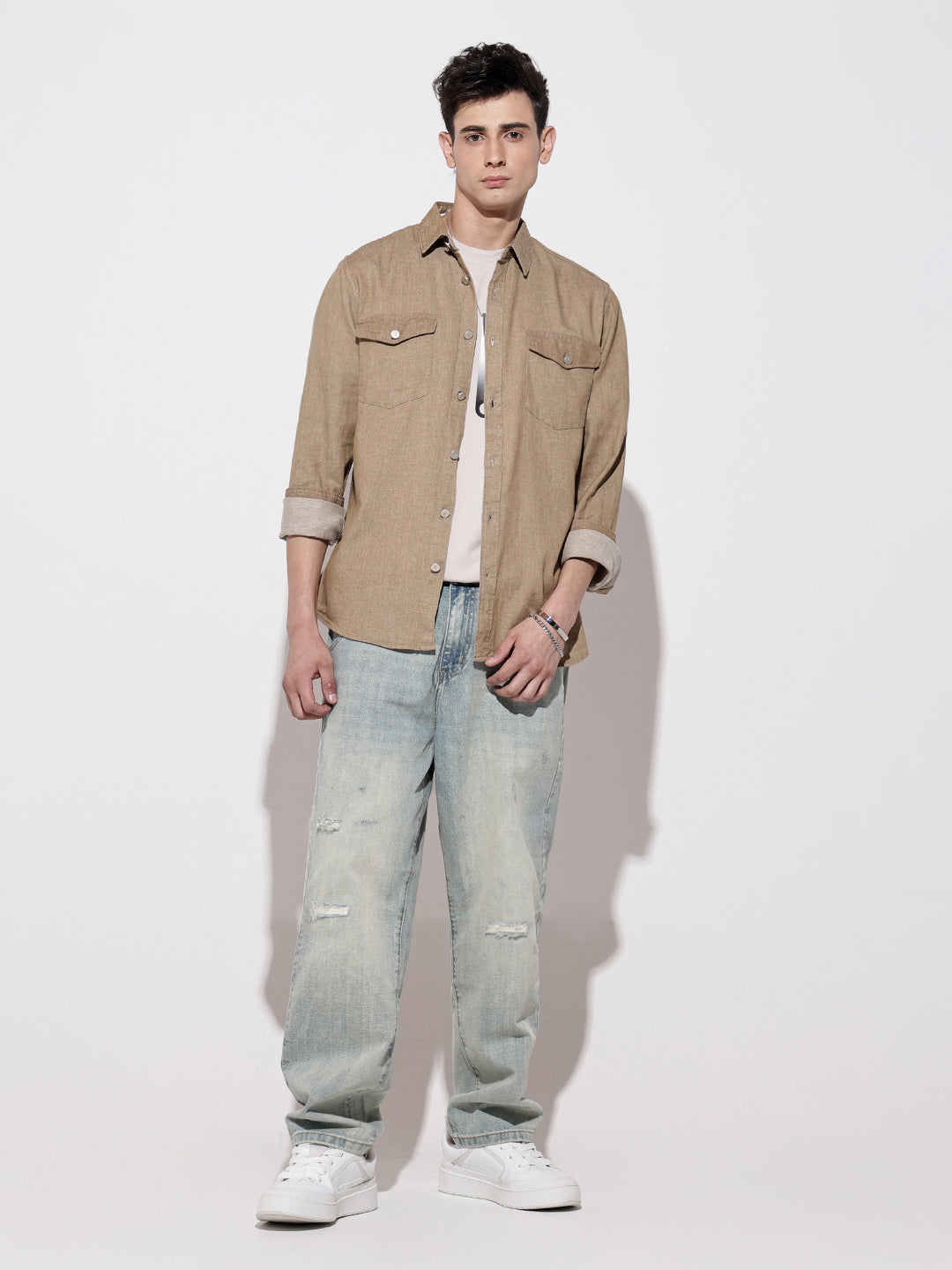 Men's Brown Denim Button Down Shirt with Chest Pocket