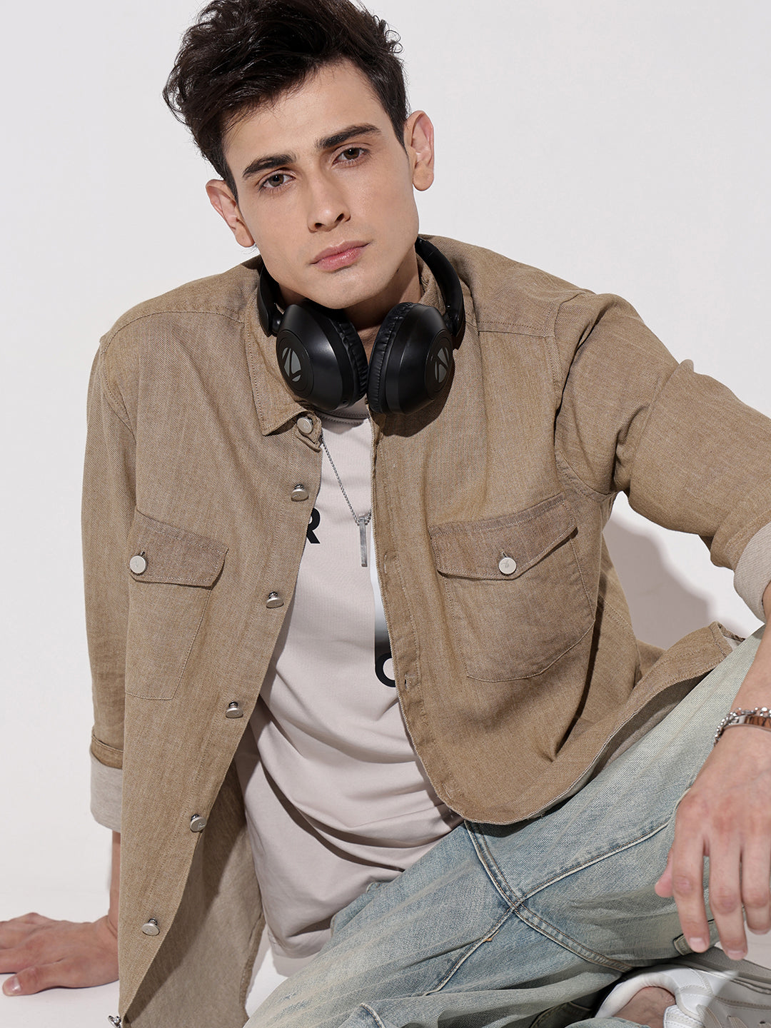 Men's Brown Denim Button Down Shirt with Chest Pocket