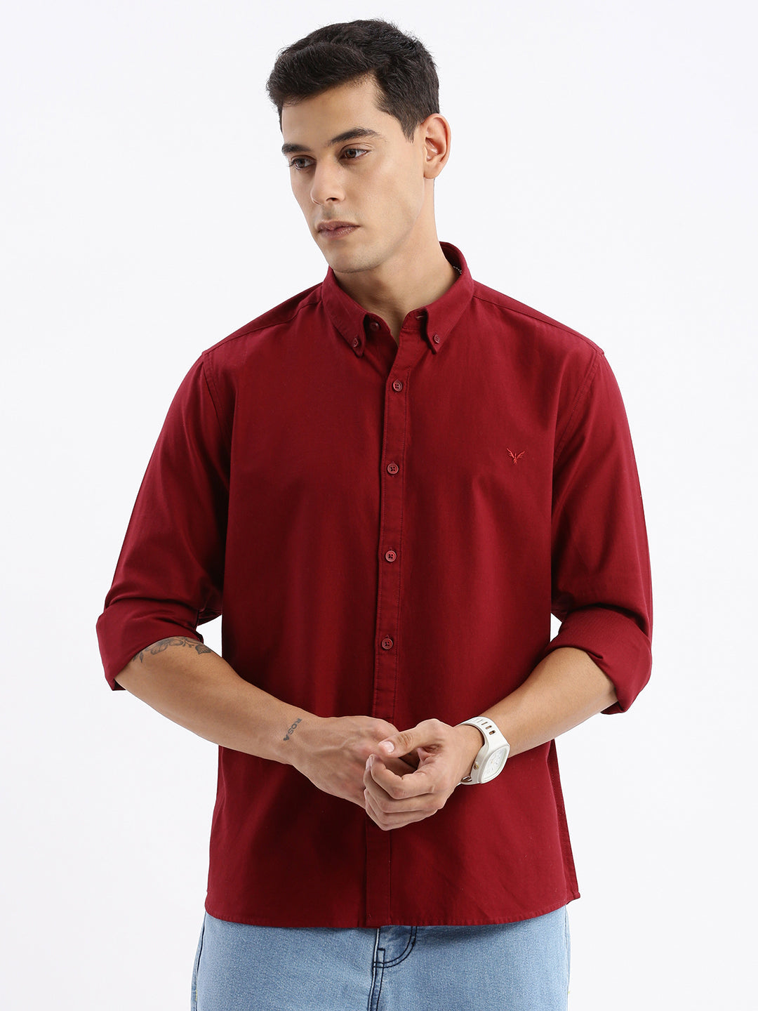 Men Spread Collar Solid Slim Fit Maroon Shirt