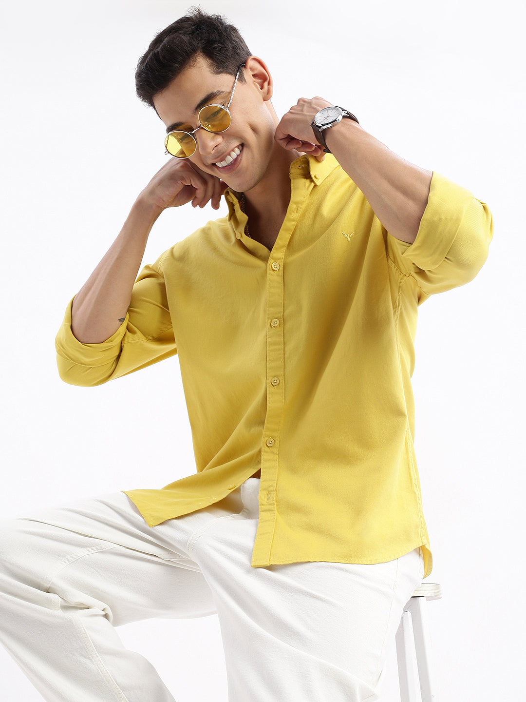 Men Spread Collar Solid Slim Fit Yellow Shirt