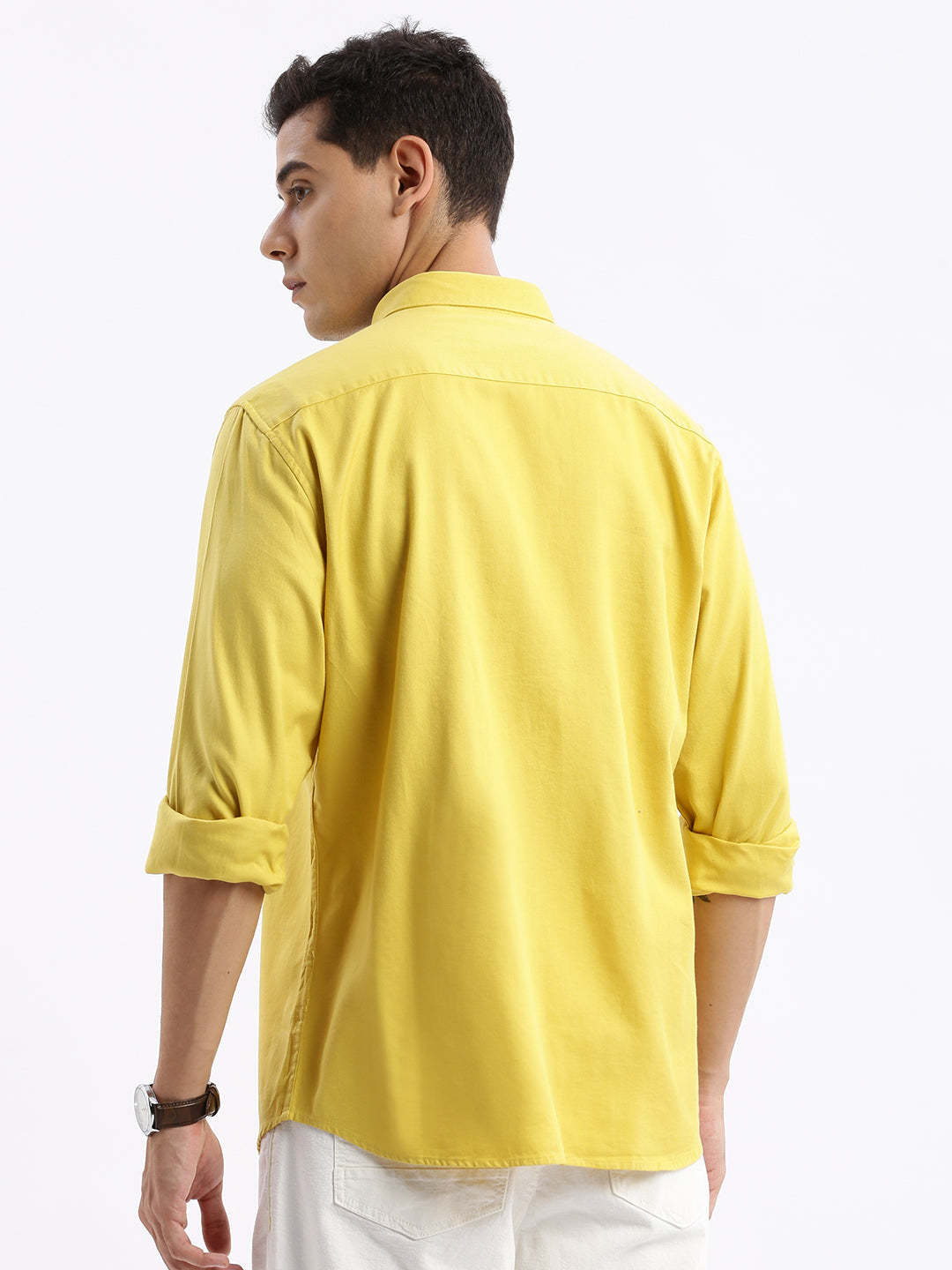 Men Spread Collar Solid Slim Fit Yellow Shirt