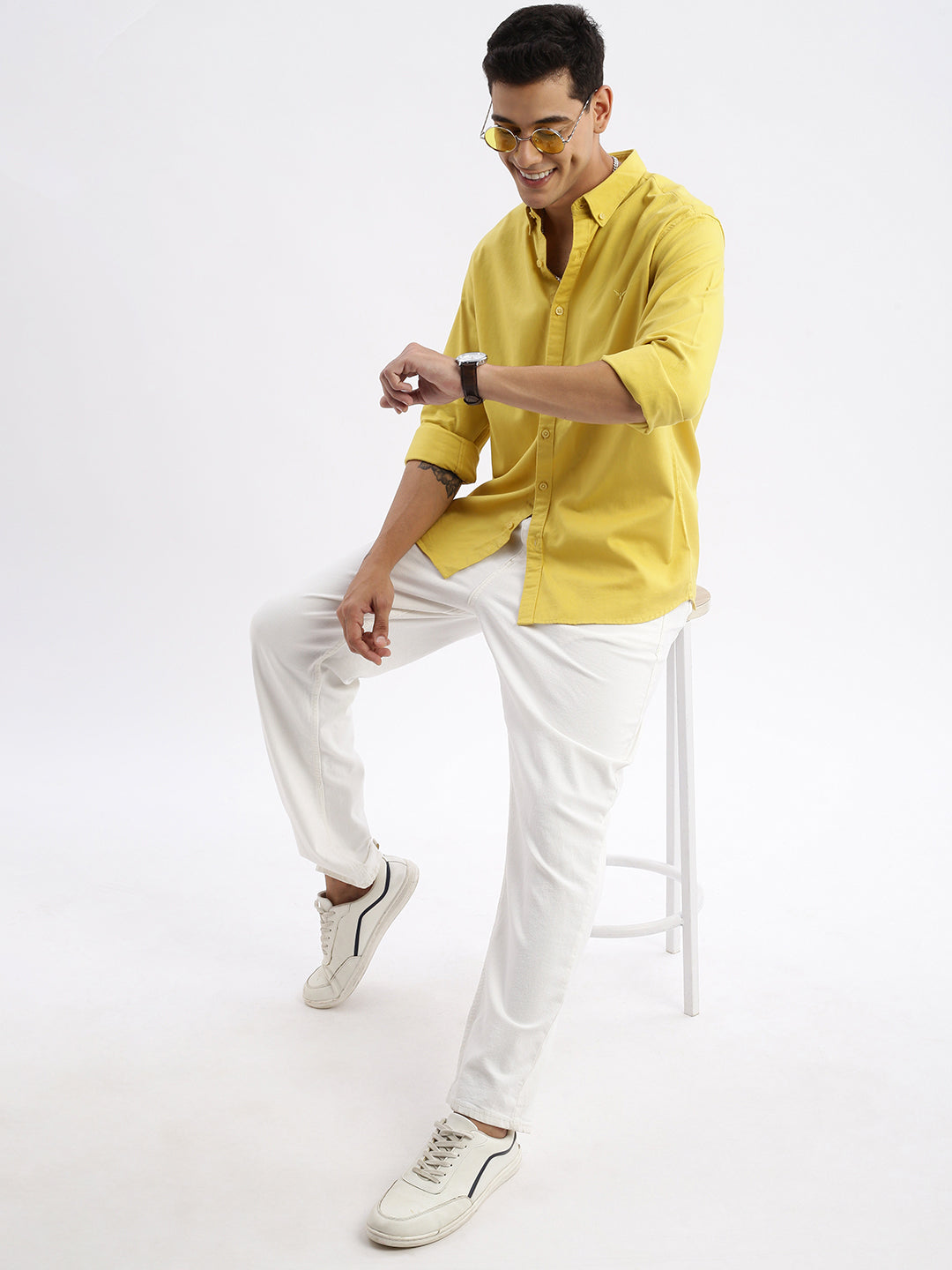 Men Spread Collar Solid Slim Fit Yellow Shirt