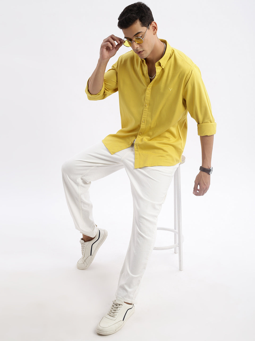 Men Spread Collar Solid Slim Fit Yellow Shirt