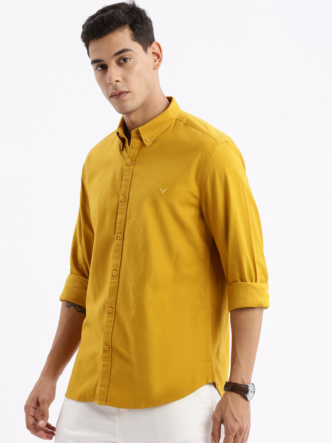 Men Spread Collar Solid Slim Fit Mustard Shirt