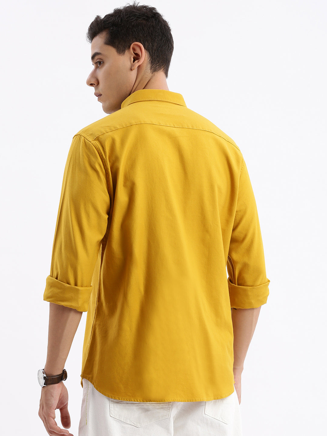 Men Spread Collar Solid Slim Fit Mustard Shirt