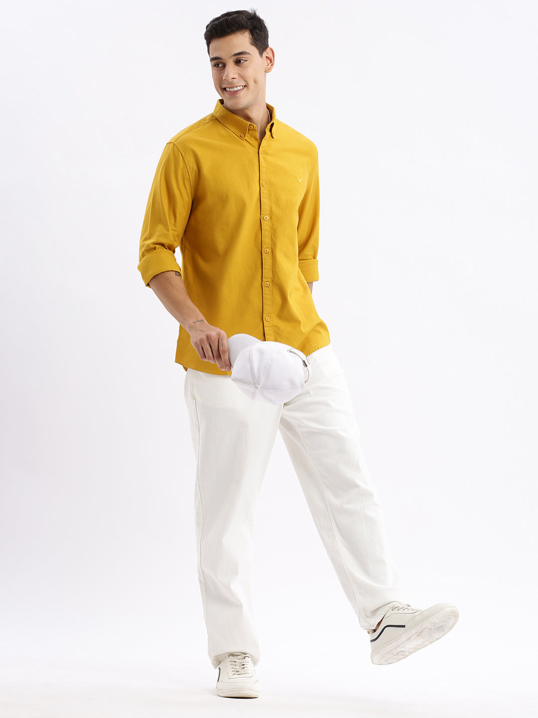 Men Spread Collar Solid Slim Fit Mustard Shirt