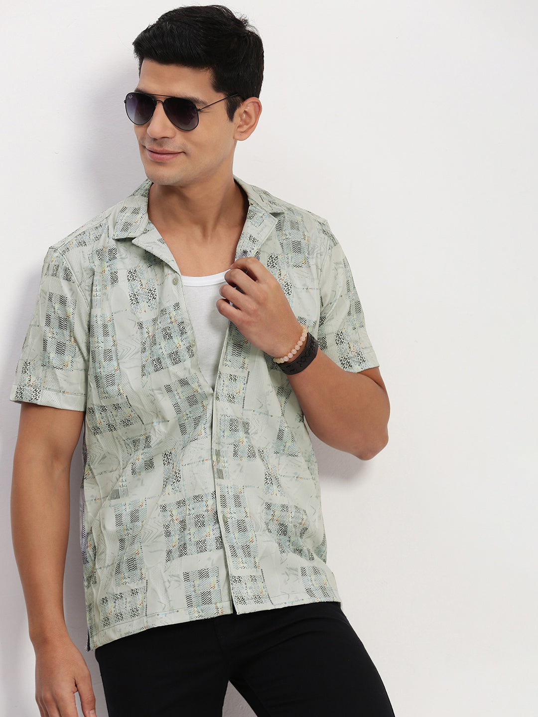 Men Grey Geometric Cuban Collar Shirt