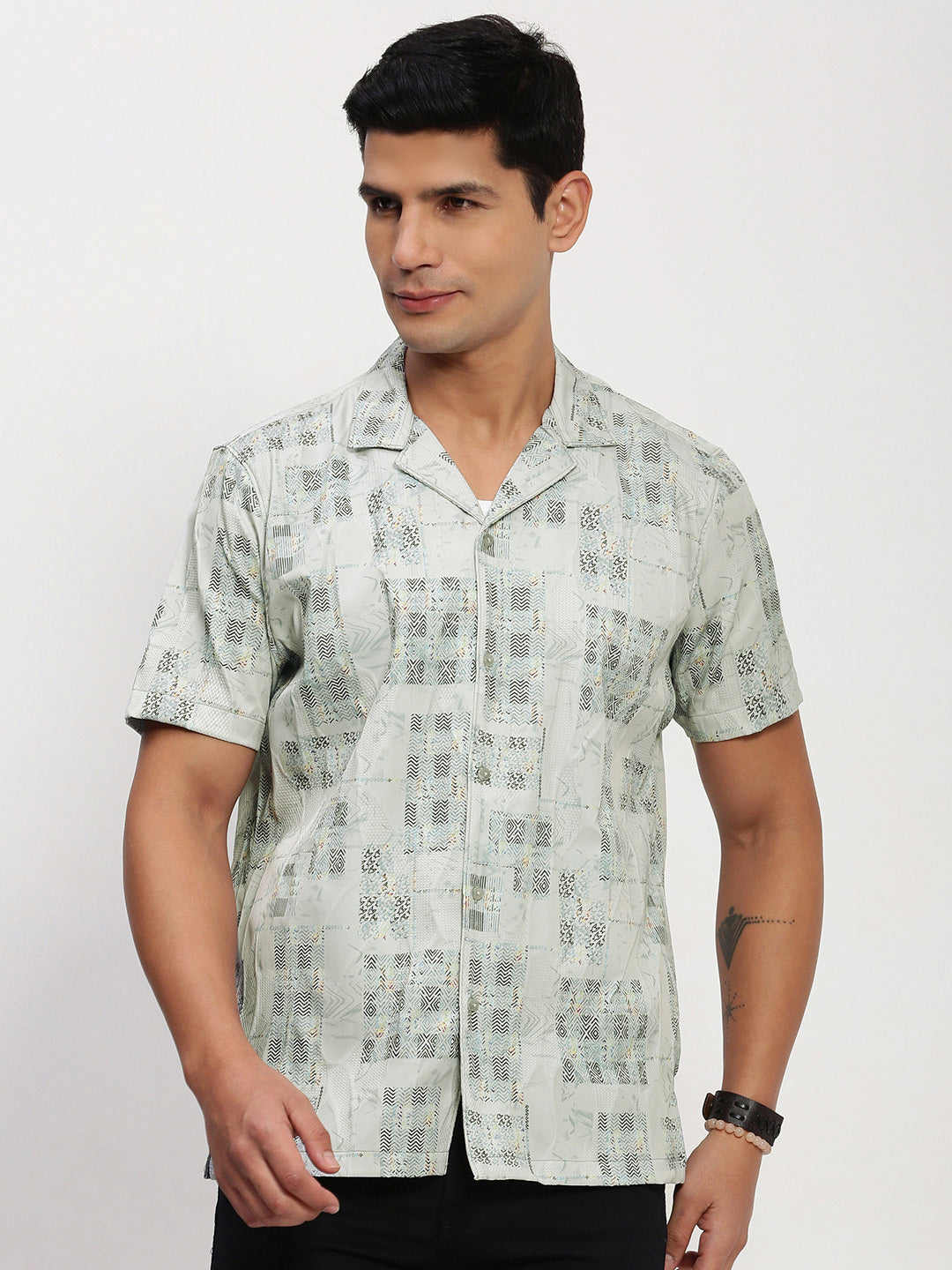 Men Grey Geometric Cuban Collar Shirt