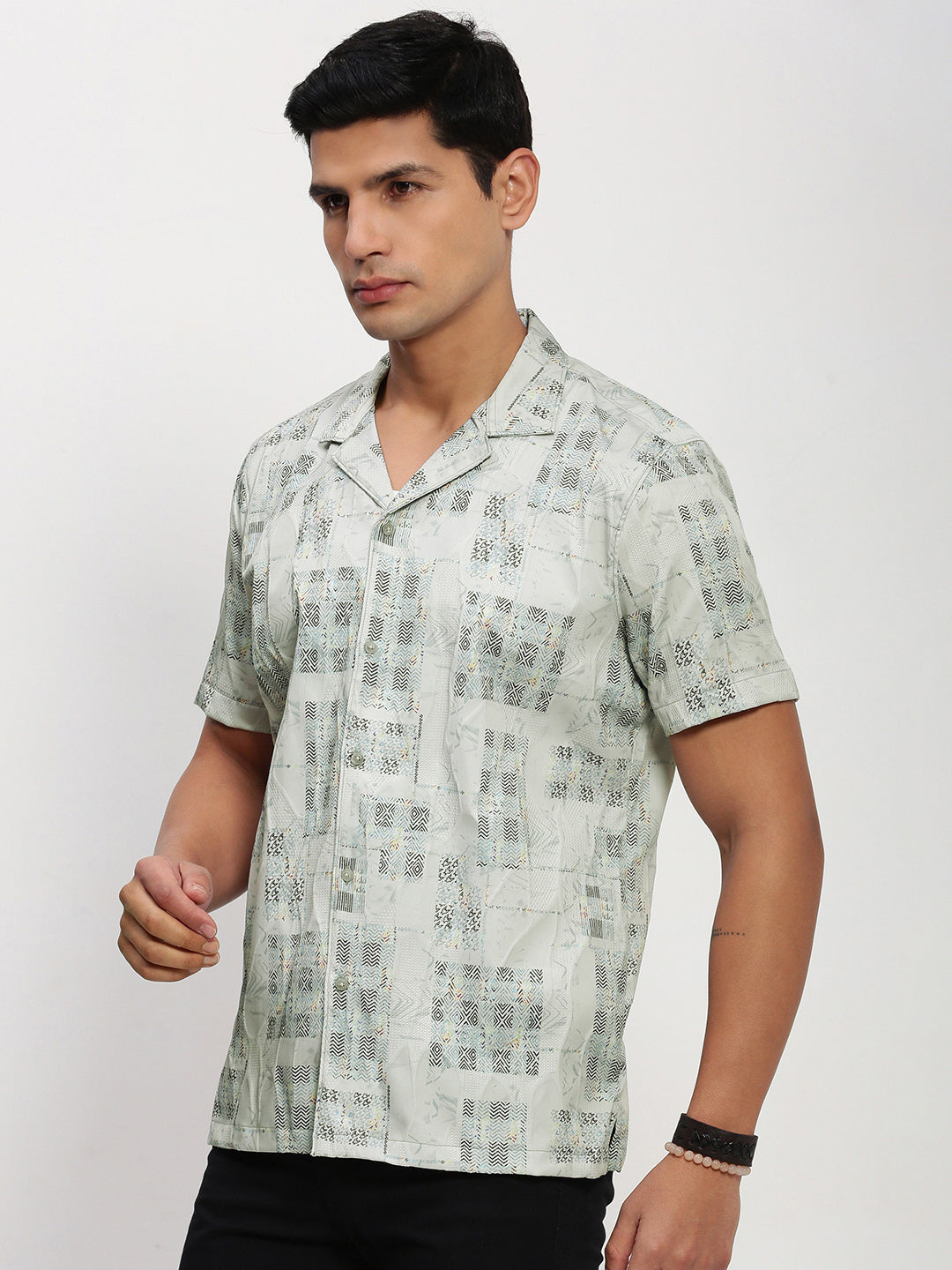 Men Grey Geometric Cuban Collar Shirt