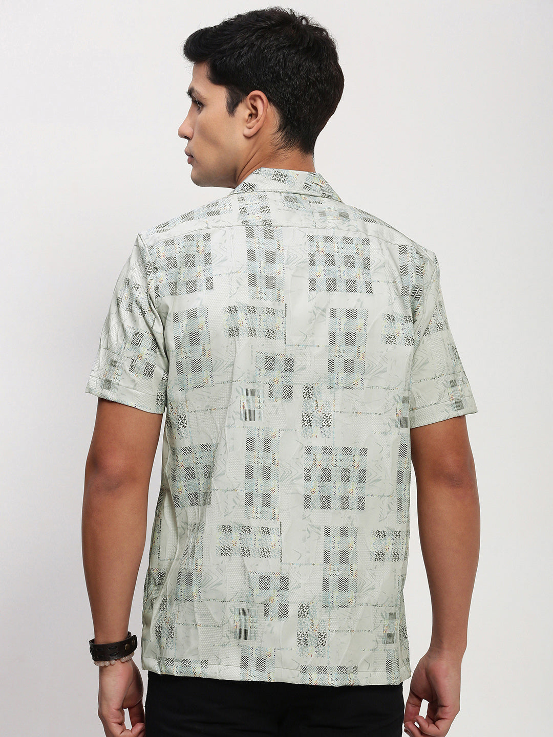 Men Grey Geometric Cuban Collar Shirt