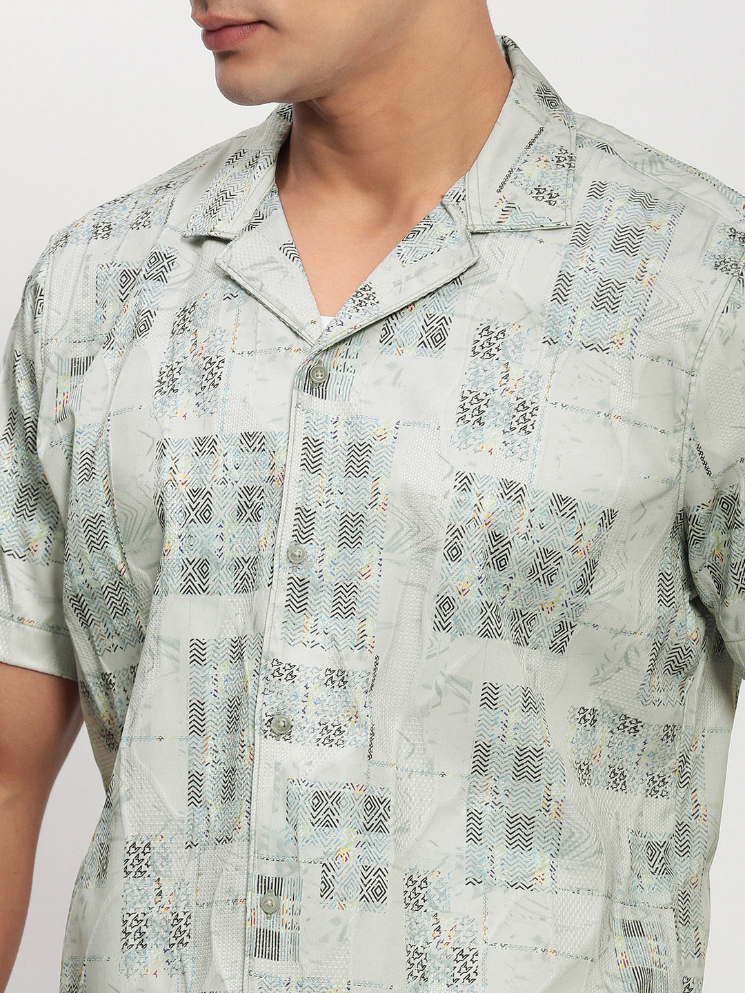 Men Grey Geometric Cuban Collar Shirt