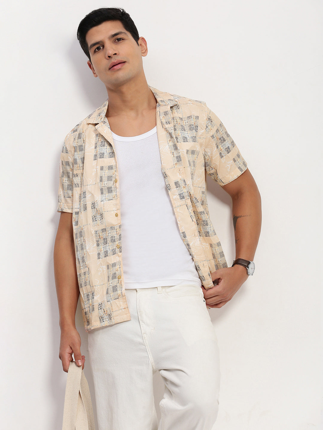 Men Cream Geometric Cuban Collar Shirt