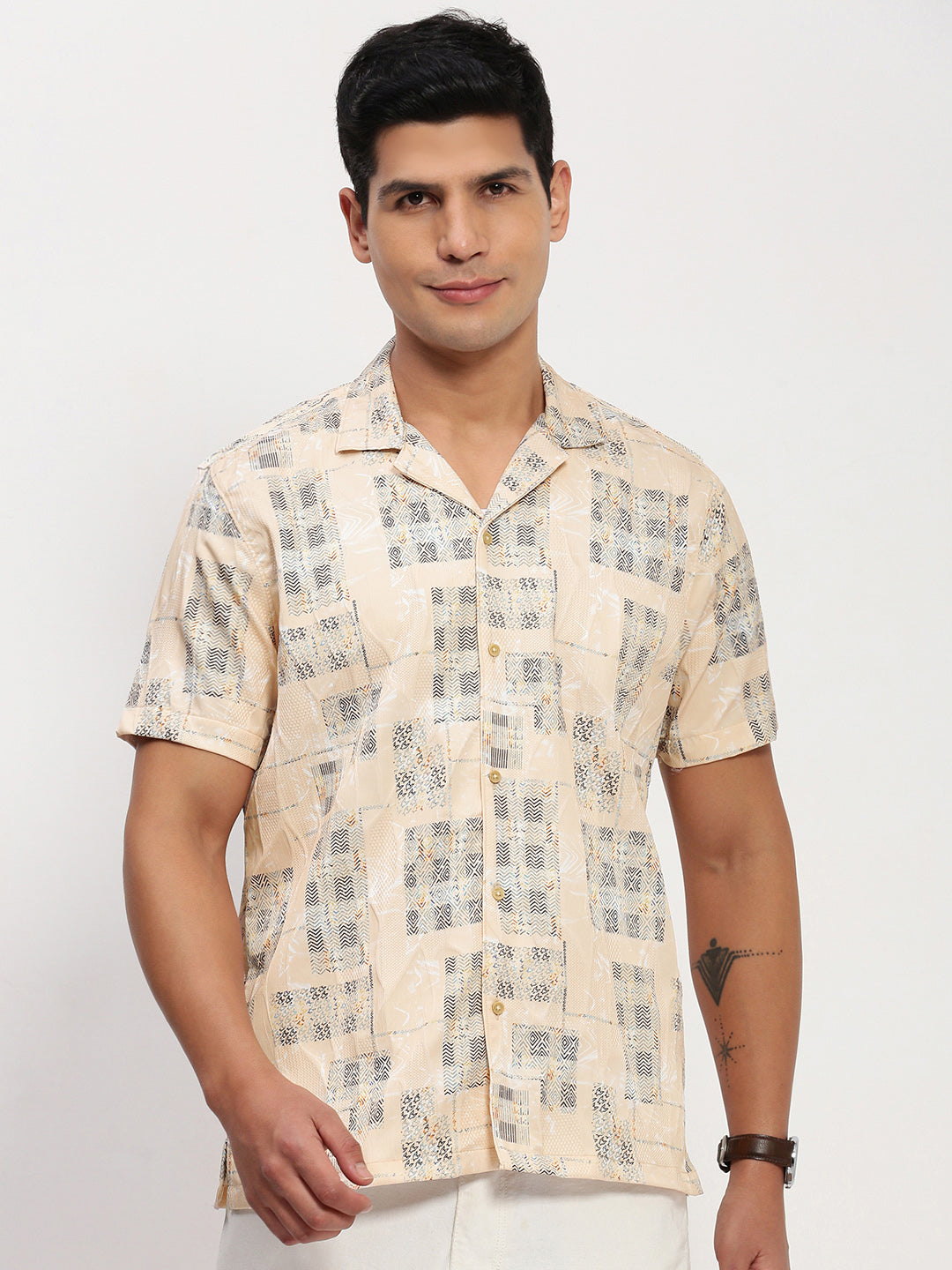 Men Cream Geometric Cuban Collar Shirt