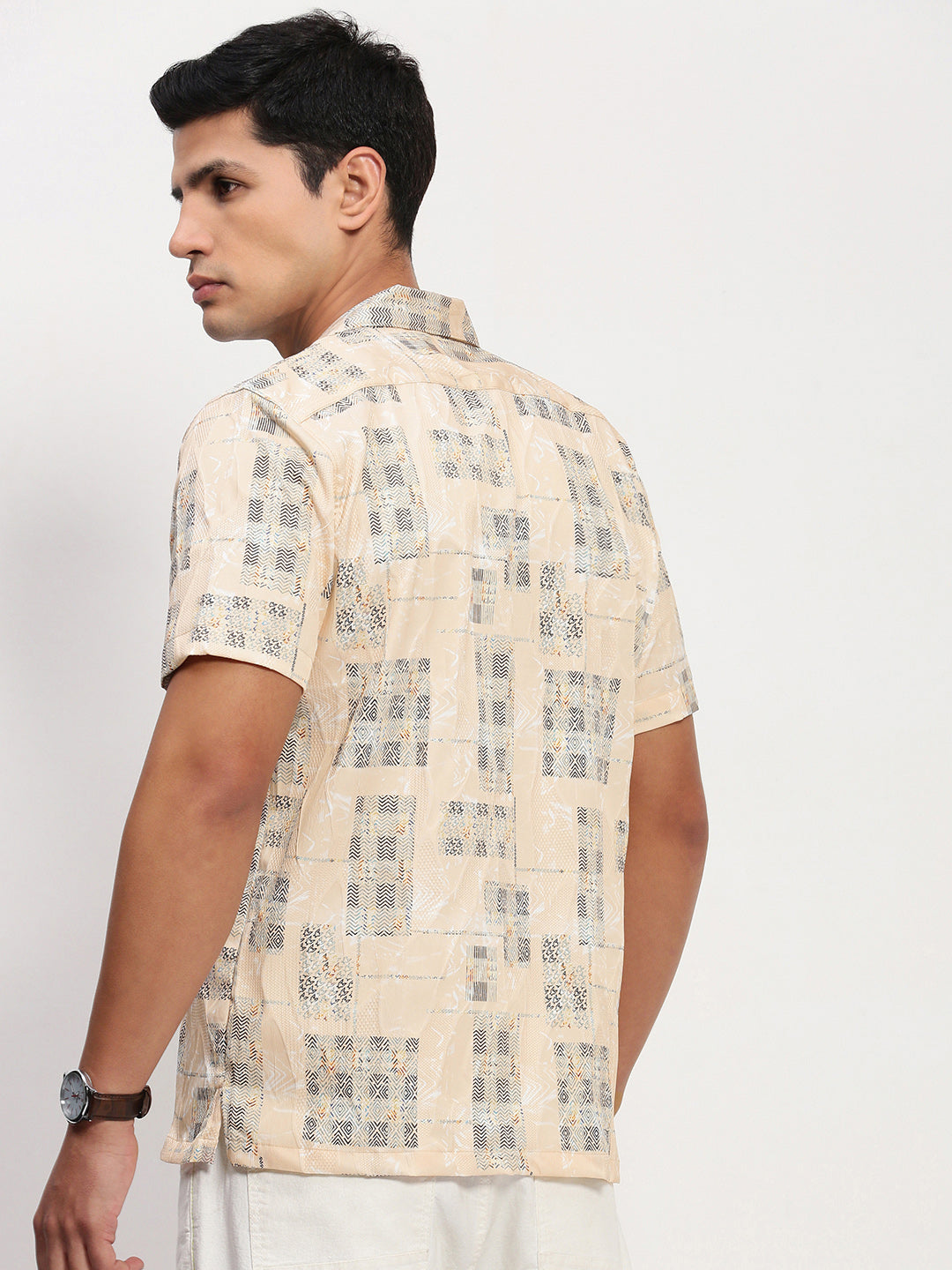 Men Cream Geometric Cuban Collar Shirt