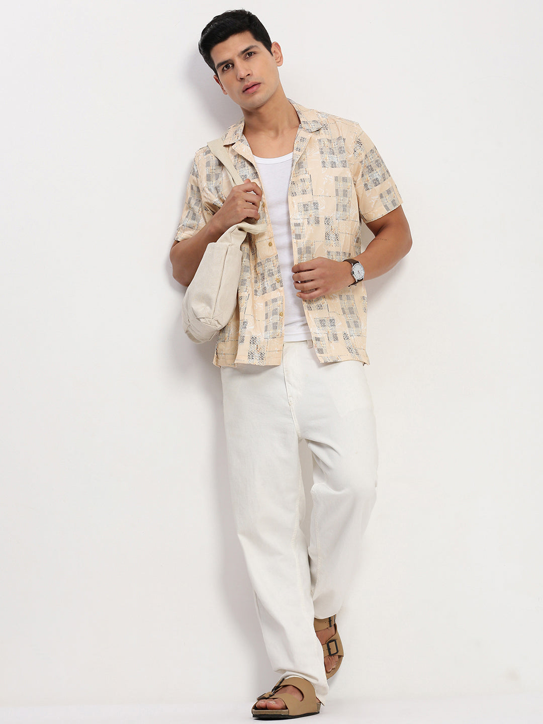 Men Cream Geometric Cuban Collar Shirt