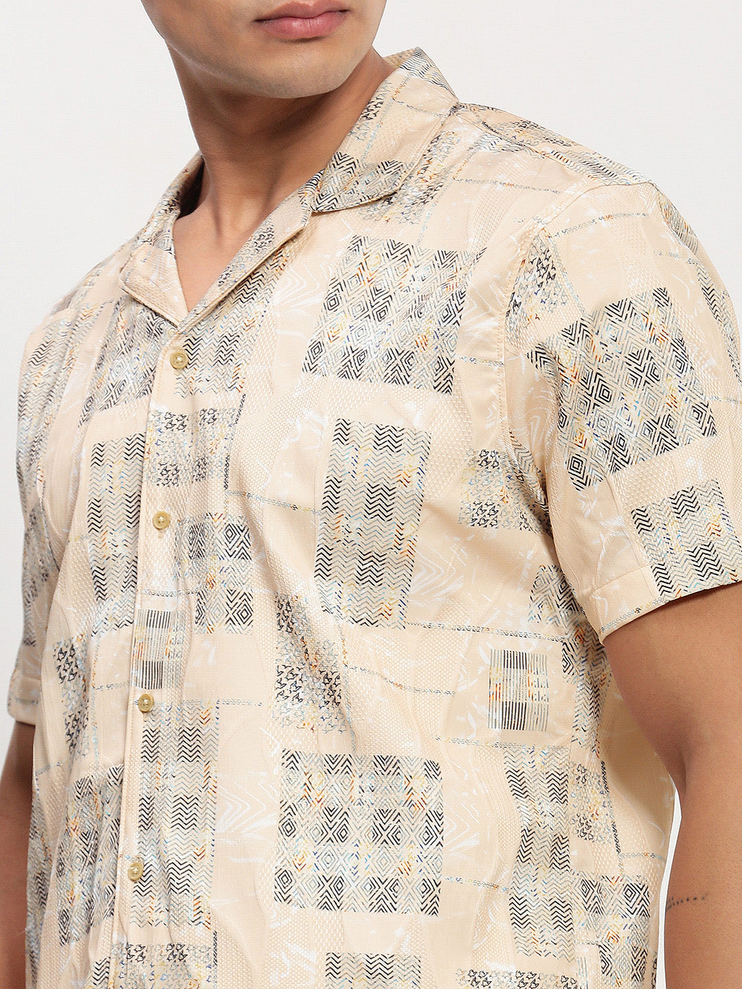 Men Cream Geometric Cuban Collar Shirt