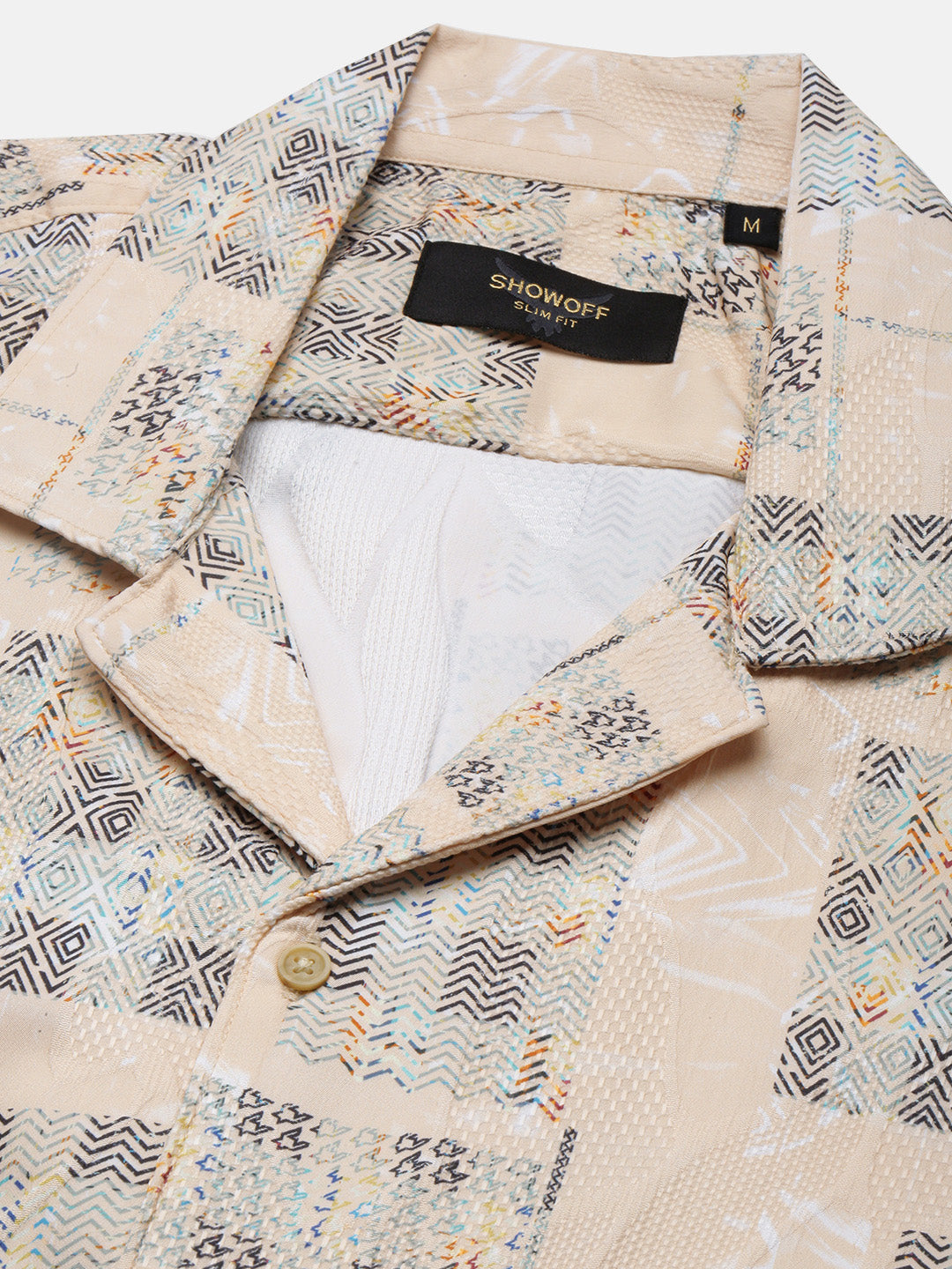 Men Cream Geometric Cuban Collar Shirt