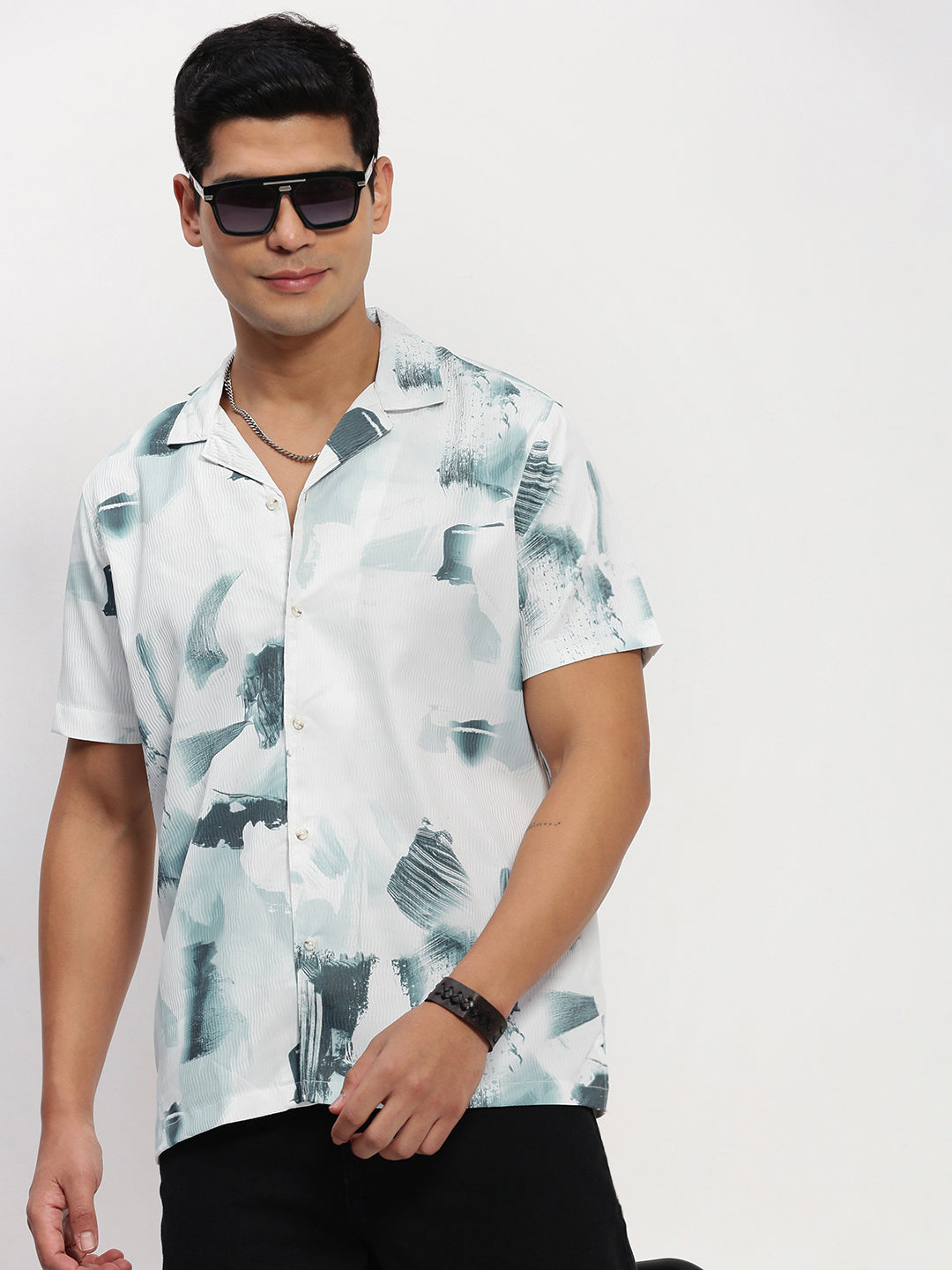 Men White Abstract Cuban Collar Shirt