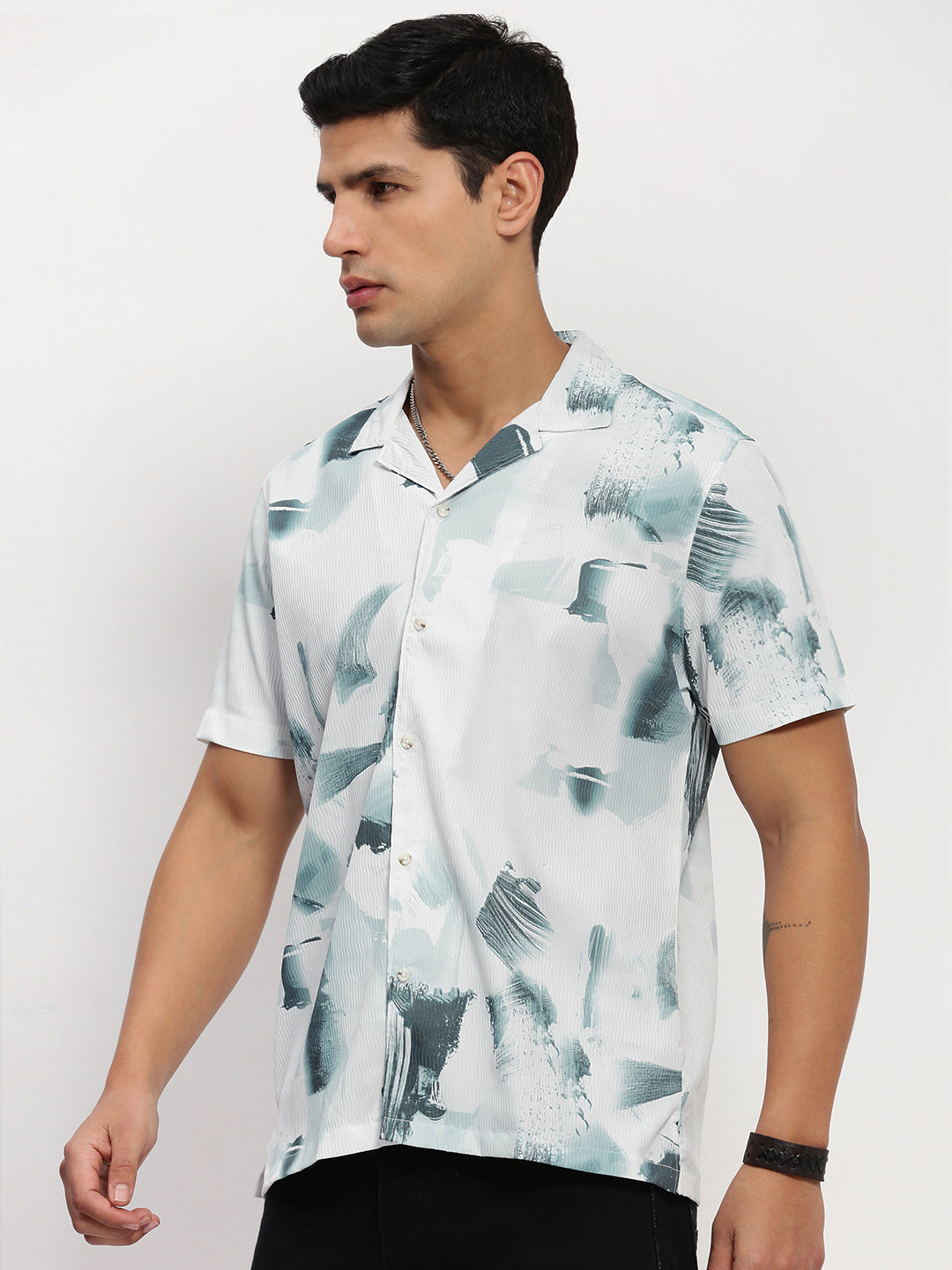 Men White Abstract Cuban Collar Shirt