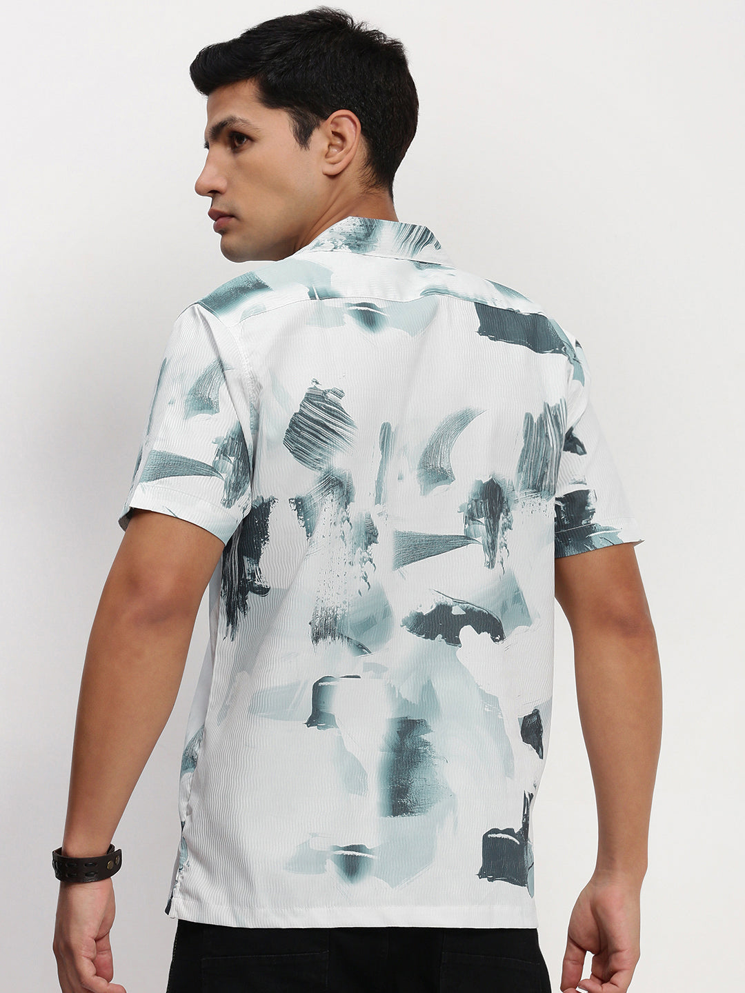 Men White Abstract Cuban Collar Shirt