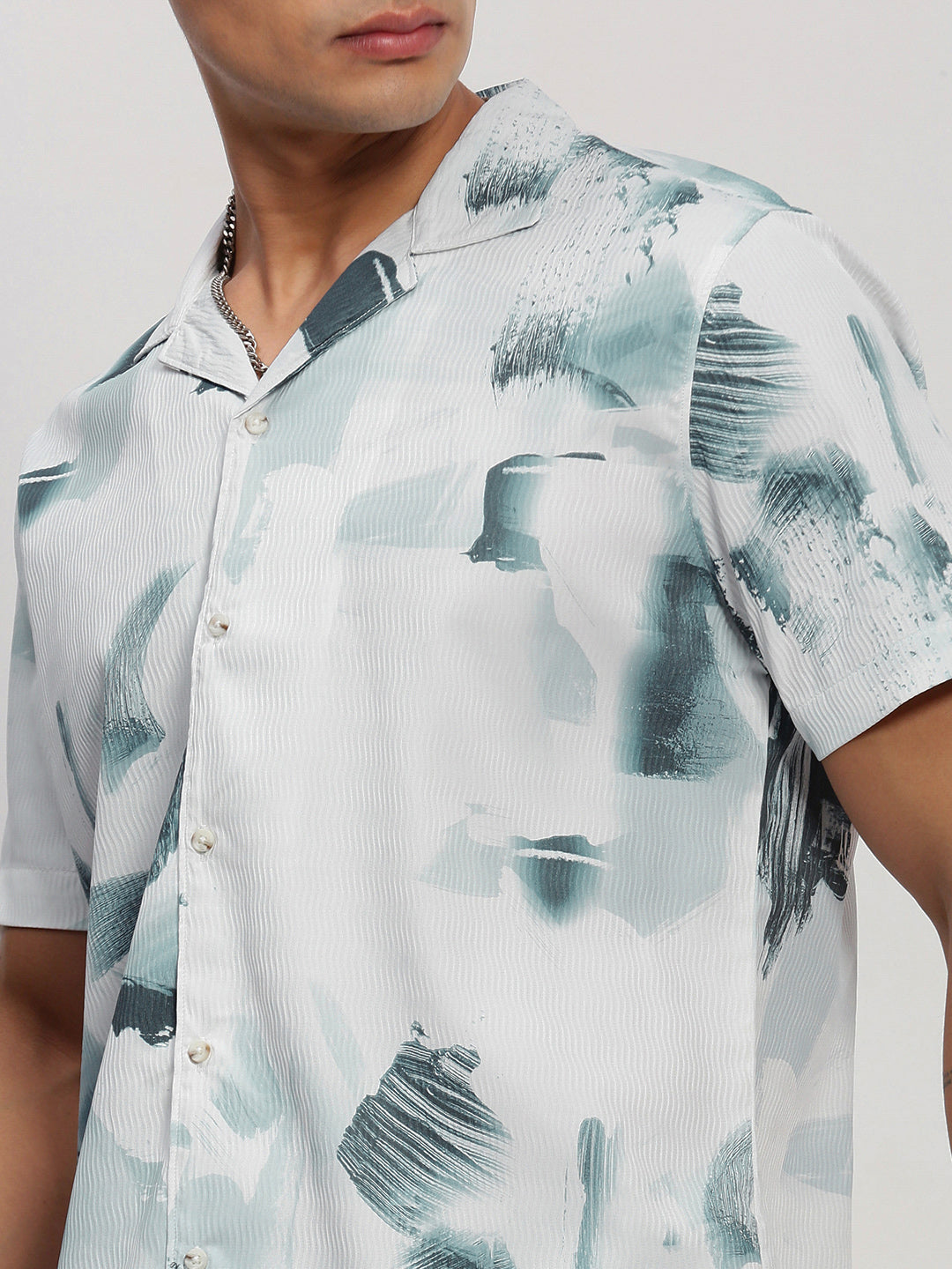 Men White Abstract Cuban Collar Shirt