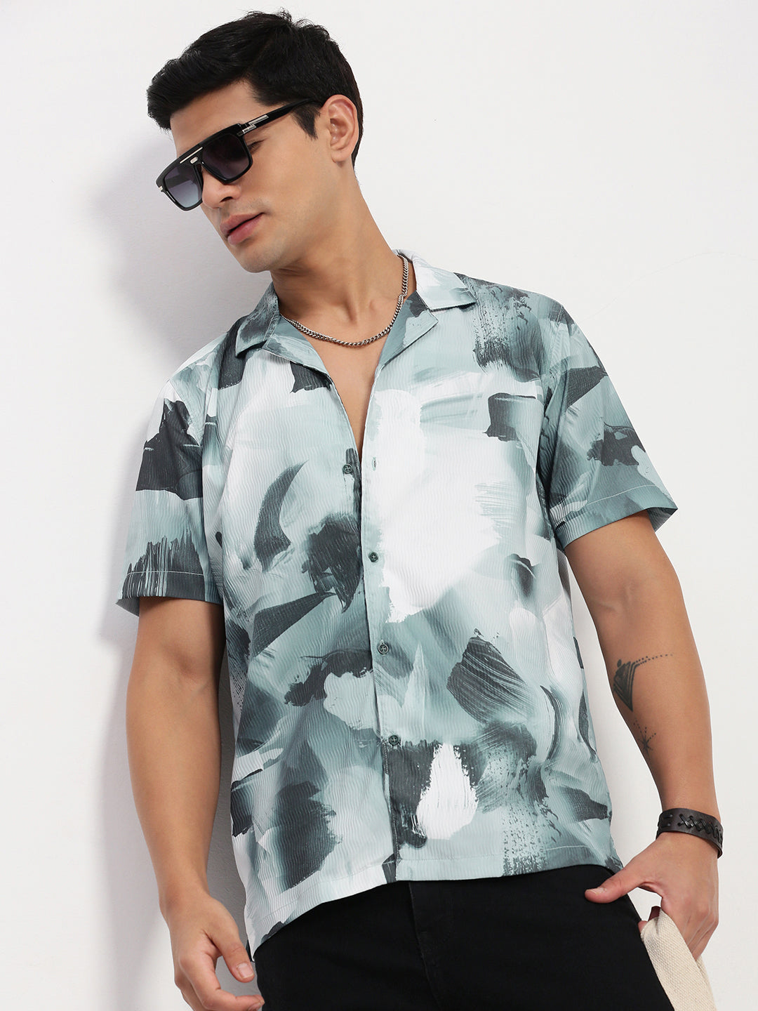 Men Blue Abstract Cuban Collar Shirt