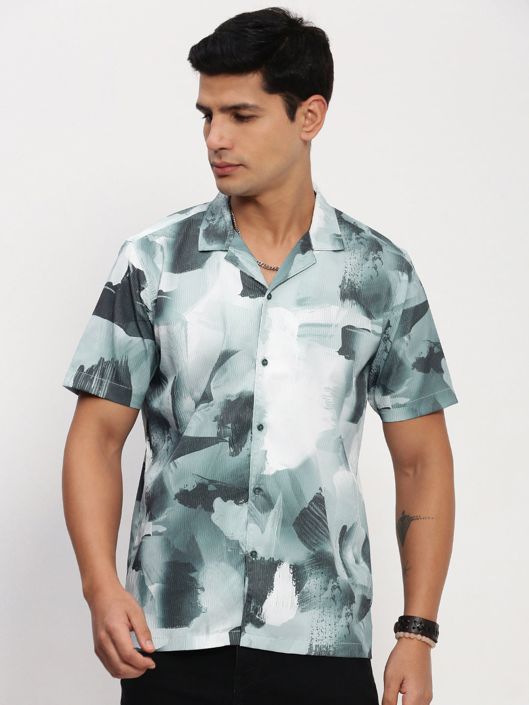 Men Blue Abstract Cuban Collar Shirt