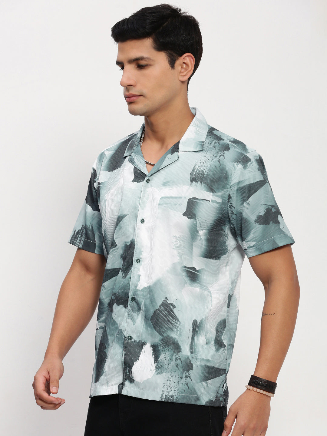 Men Blue Abstract Cuban Collar Shirt