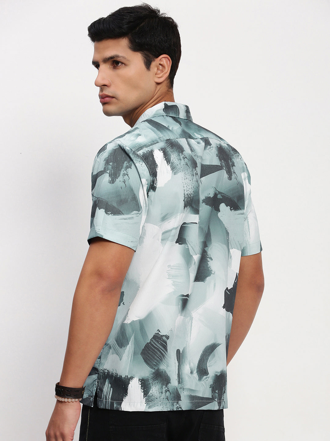 Men Blue Abstract Cuban Collar Shirt