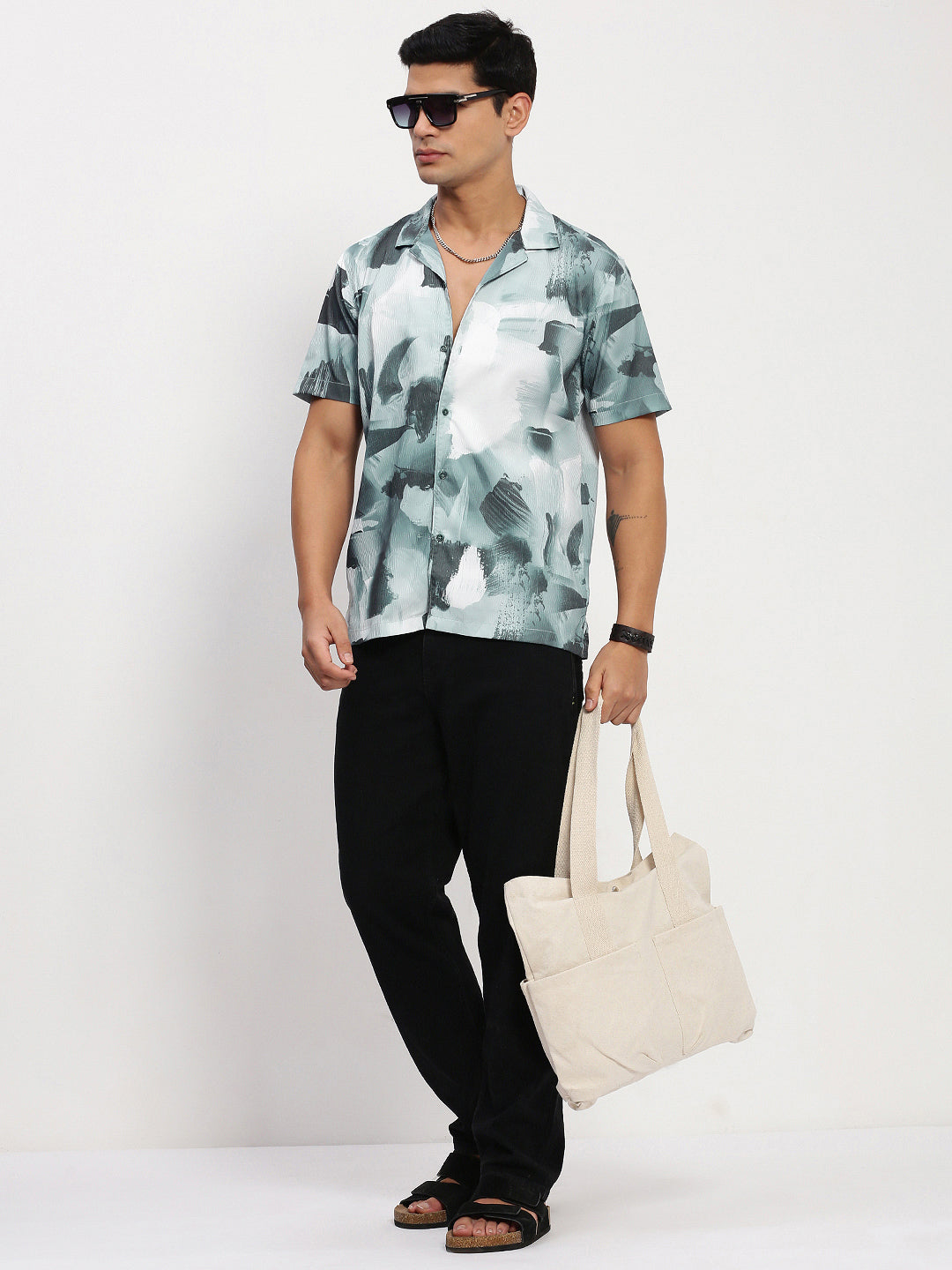 Men Blue Abstract Cuban Collar Shirt