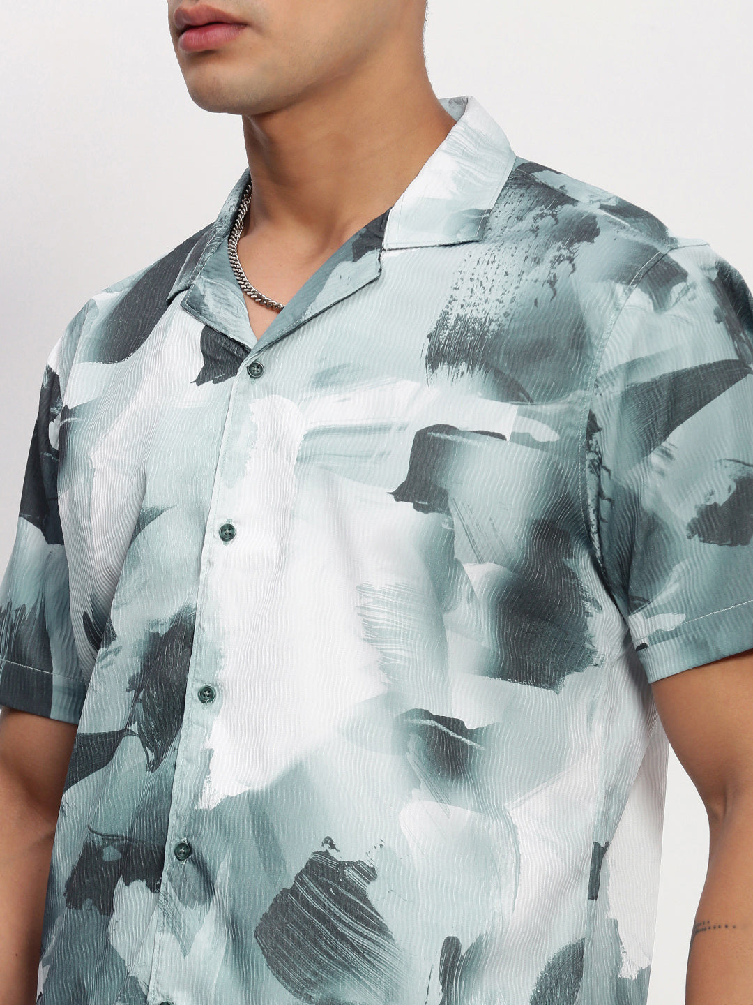 Men Blue Abstract Cuban Collar Shirt