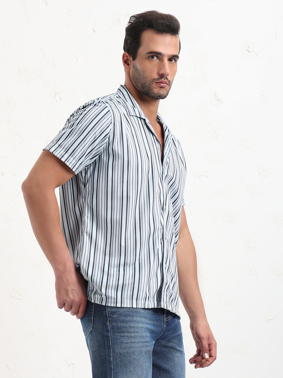 Men's Blue Cuban Collar Striped Relaxed Fit Shirt
