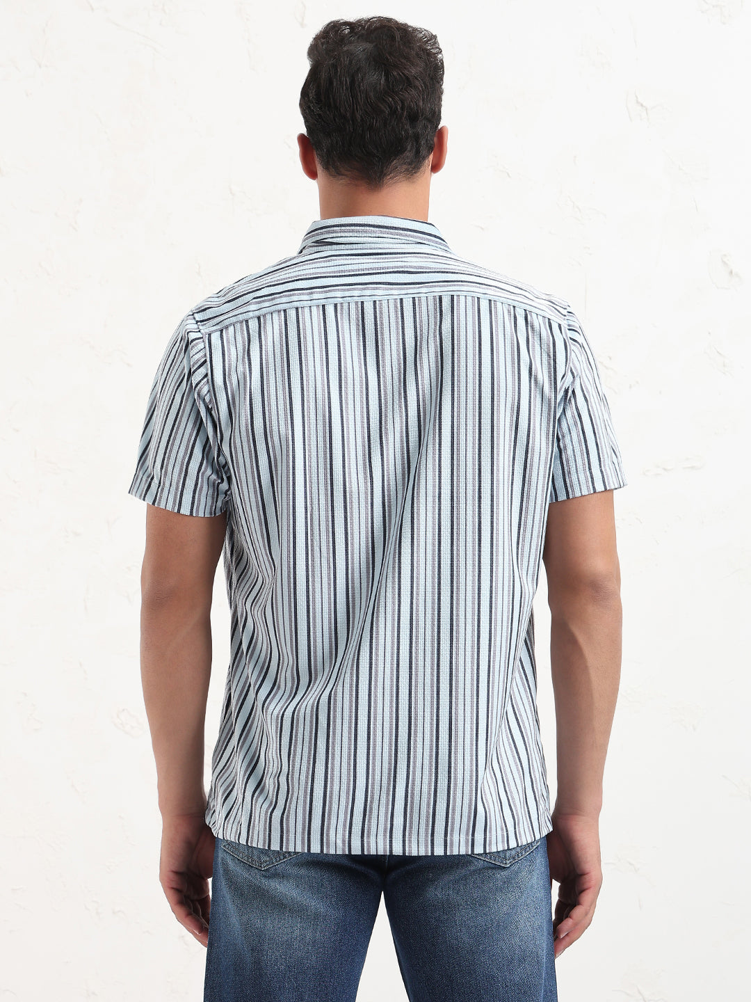 Men's Blue Cuban Collar Striped Relaxed Fit Shirt